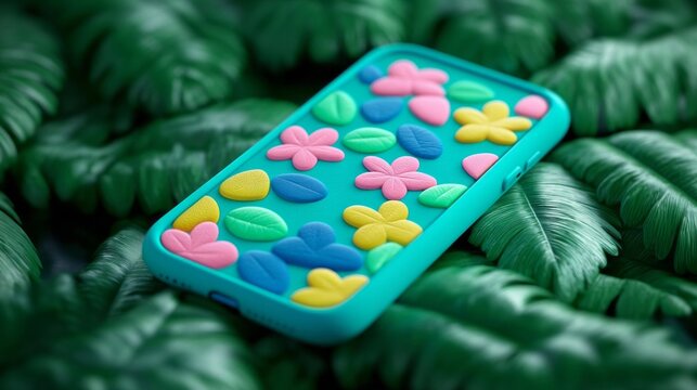 Playful floral smartphone case atop lush fern leaves, evoking retro pop art vibes and Earth Day celebration