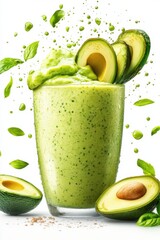 avocado smoothie splash with avocado slices, isolated on white background