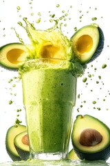 avocado smoothie splash with avocado slices, isolated on white background
