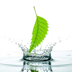 Neem leaf falling into water with natural splash effect with isolated on white background, ai generated image .