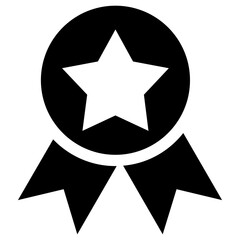 Obraz premium Black vector icon of an award badge or rosette with a star on a transparent background. Symbolizes quality, achievement, success, certification, ranking, and excellence in UI/UX and corporate design