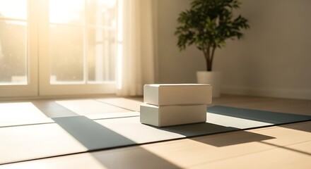 A sun-drenched room with a yoga mat and white blocks prepared for a peaceful and successful morning meditation or fitness routine