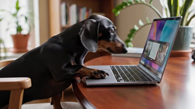 funny black dachshund dog sits at wooden table and looks intently at laptop screen. remote work, online learning, and pet-friendly office concept.