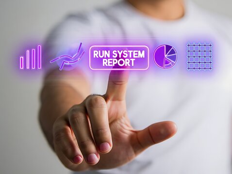 Hand pressing run system report button on virtual screen