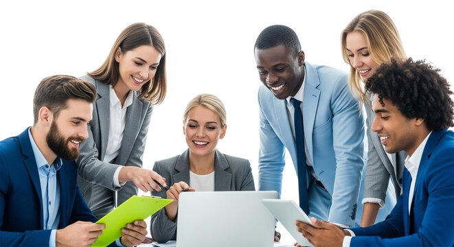 A diverse group of business professionals collaborating around a laptop, smiling and engaged in discussion, isolated on transparent background
