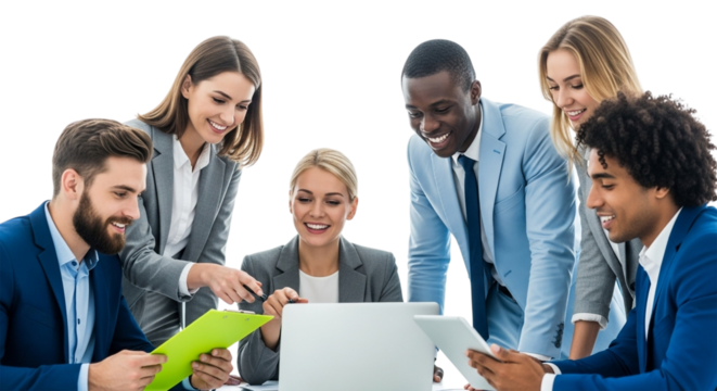 A diverse group of business professionals collaborating around a laptop, smiling and engaged in discussion, isolated on transparent background
