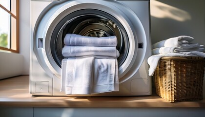 crisp white towels emerge from a washing machine freshly laundered and neatly folded radiating a sense of pure cleanliness and domestic tranquility domestic home