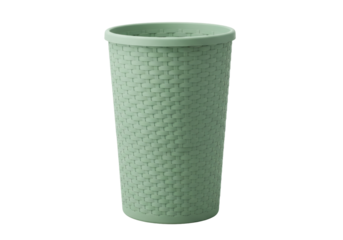 Isolated light green woven plastic trash can, wastebasket, or small bin on a seamless backdrop