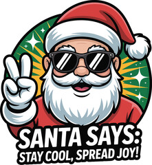 Cartoon Santa Claus wearing sunglasses and a red suit with a festive background and text Christmas holiday