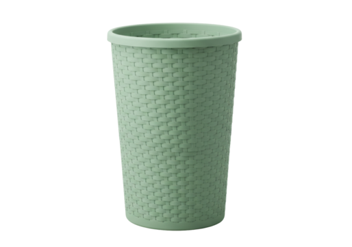 Isolated light green woven plastic trash can, wastebasket, or small bin on a seamless backdrop