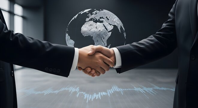 Global Business Deal Two Executives Shaking Hands in Front of World Map for Collaboration - Powered by Adobe