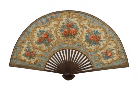Ornate vintage hand fan displaying intricate rococo floral patterns with red roses and golden scrollwork. Transparent background