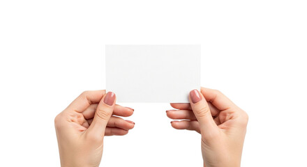 Womans hands holding a blank white business card isolated on transparent background