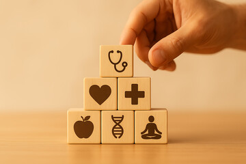 A hand is placing a wooden block with a stethoscope icon on a health pyramid composed of a heart, medical cross, apple, dna, and meditation icon blocks, representing comprehensive well-being