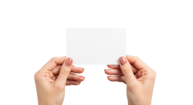 Womans hands holding a blank white business card isolated on transparent background - Powered by Adobe