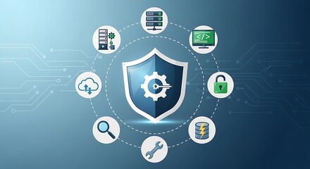 Comprehensive technical support and system protection concept with a central security shield surrounded by IT service and management icons