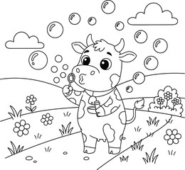 Cute Cartoon Cow Blowing Soap Bubbles in a Flower Field – Fun Kids Farm Coloring Page Illustration
