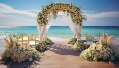 glamourous beach wedding ceremony flower decor the background of the sea generative ai