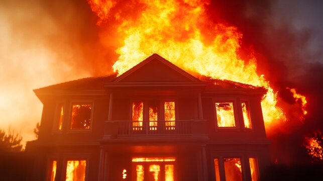 Flaming inferno engulfs Victorian house, evoking Bonfire Night chaos and Phoenix Festival rebirth, fiery spectacle of renewal