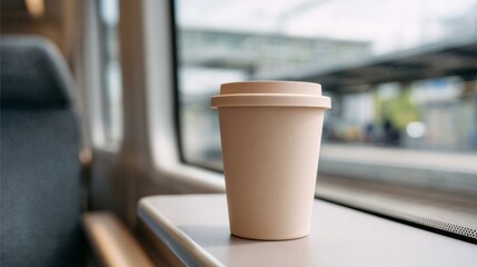 White coffee cup balancing serenely on a train windowsill, embracing morning commute rituals, World Barista Day ambiance