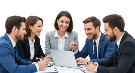 Diverse group of business people smiling and looking at a laptop during a meeting isolated on transparent background