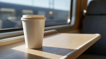 White paper cup serenades sunlit train journey, invoking World Travel Day, Hygge moments, and nomadic coffee break delight