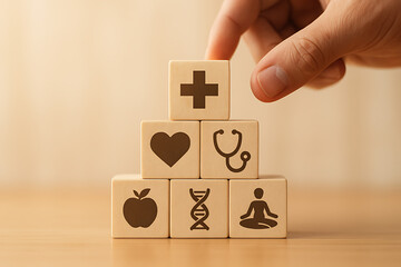 A hand is placing a wooden block with a medical cross on a pyramid stack of blocks representing health icons like heart, stethoscope, apple, dna, and meditation, illustrating integrated well-being