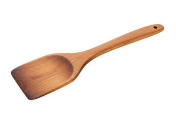 Isolated wooden turner spatula for flipping food on frying pan, kitchen utensil implement
