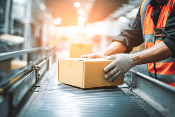 A worker places a cardboard box on a conveyor belt in a logistics facility, emphasizing the efficiency of package handling and distribution.