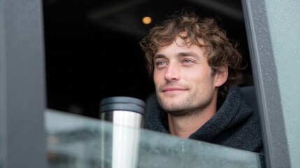 A contemplative Caucasian man gazes out the rain-streaked window, embodying Hygge serenity and World Poetry Day reflections