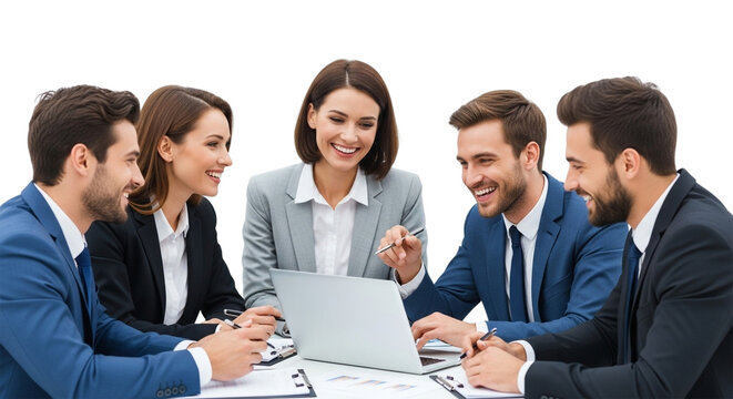 Diverse group of business people smiling and looking at a laptop during a meeting isolated on transparent background - Powered by Adobe