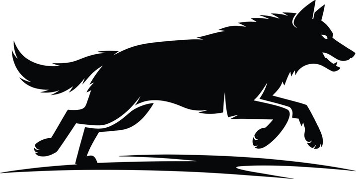 Silhouette of a running wolf with its mouth open Keywords: wolf, running, silhouette, animal, predator, wild, nature, canine, mammal, hunting, chase, speed, motion, dynamic