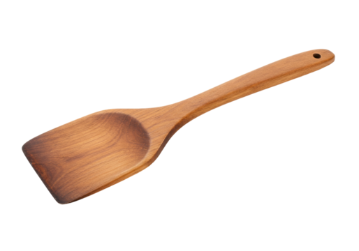 Isolated wooden turner spatula for flipping food on frying pan, kitchen utensil implement