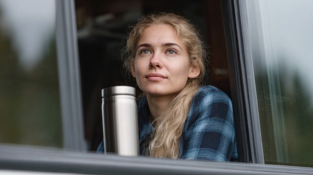 A contemplative Caucasian woman daydreams by the window, cozy with coffee, embracing Hygge ambiance and Day of the Wanderer