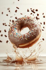 chocolate donut flying with sprinkles and glaze splash, isolated on white background