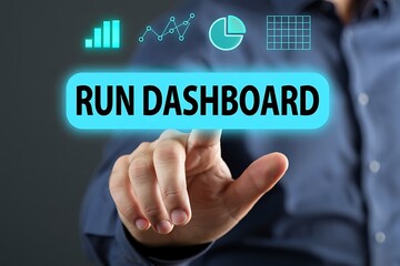 Man touches virtual screen displaying run dashboard text