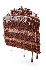 chocolate cake slice flying with ganache drizzle, isolated on white background