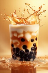 bubble tea splash with tapioca pearls and milk swirl, isolated on white background