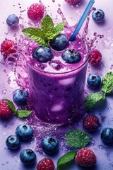 blueberry smoothie splash with berries and mint, isolated on white background