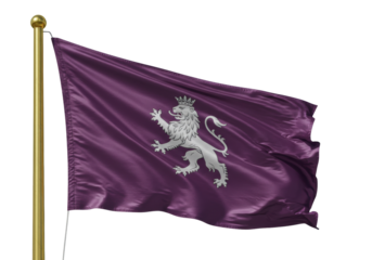 Isolated flag of León, Spain, a historical pennon with lion rampant, on a flagpole waving