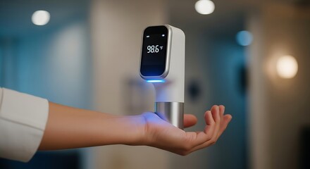 A futuristic touchless invention scans a person's hand to take their body temperature for a health screening