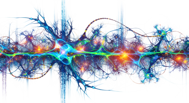Abstract neural network illustration with glowing connections, perfect for science, technology, and innovative concepts in vibrant color palettes - Powered by Adobe