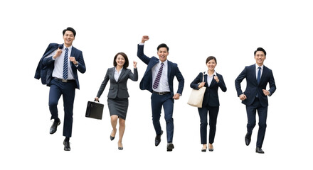 A group of five business people in suits running forward with excitement, isolated on transparent background