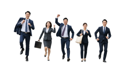 A group of five business people in suits running forward with excitement, isolated on transparent background