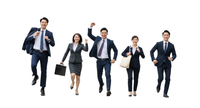 A group of five business people in suits running forward with excitement, isolated on transparent background