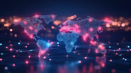 Abstract hologram world map with glowing data points
