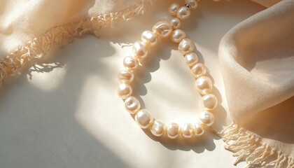 Freshwater pearl necklace lies on light beige scarf. Sun rays create shadows, soft light on luxury jewellery. Delicate bridal accessory with copy space elegant, romantic. Top view flat lay minimal