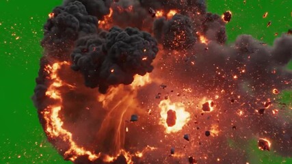 Dynamic explosion with fiery energy and sparks on green screen perfect for action scenes or visual effects compositing in movies, games, or commercials