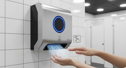 A person utilizes an innovative touchless air drying invention, promoting advanced hygiene in a modern public restroom