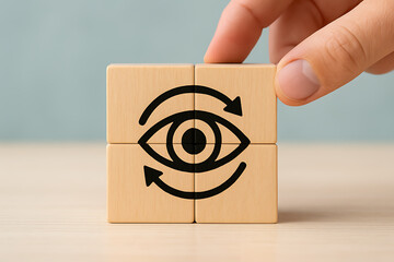 Close-up of a hand placing a wooden cube that completes a four-block square puzzle featuring a centered eye icon and encircling arrows